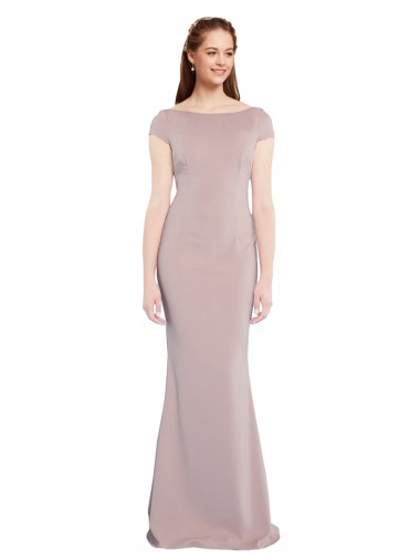 Wholesale Boat Neck Cap Sleeve Crepe Prom Dress with Plunging Tie Back