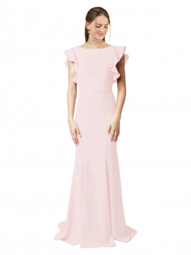 Wholesale Low V-Back Long Mermaid Crepe Prom Dress with Ruffled Sleeves