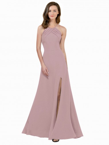 Wholesale High Neck Crepe Prom Dress with Pleats and Keyhole Back