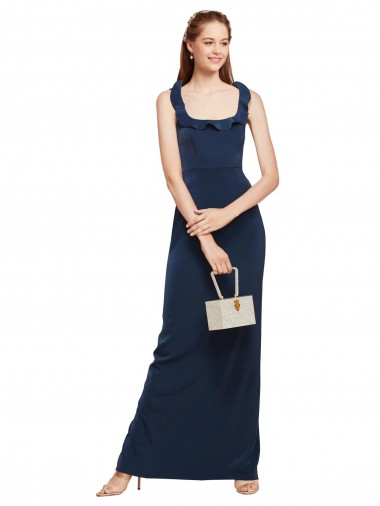Wholesale Scoop Neck with Ruffles Long Crepe Prom Dress with Back Slit