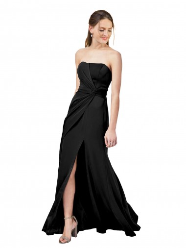 Wholesale Strapless Fit and Flare Long Crepe Prom Dress with Knot and Slit
