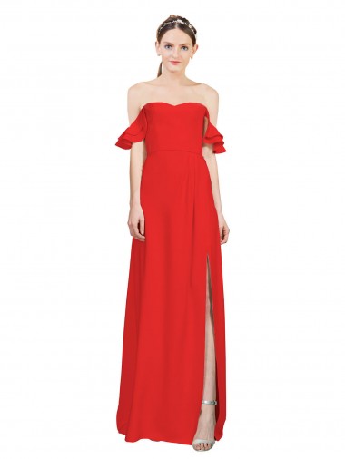 Wholesale Double Ruffle Flounce Sleeves Crepe Prom Dress with Slit