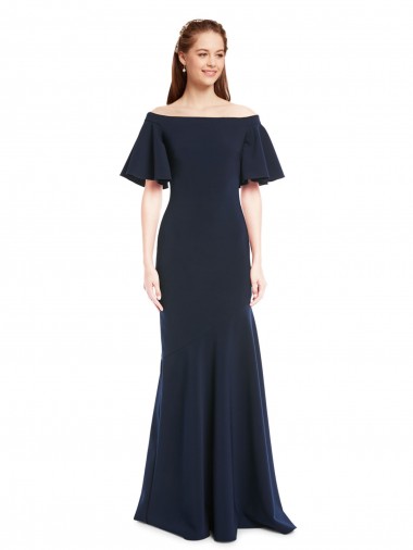 Wholesale Off the Shoulder Crepe Prom Dress with Short Ruffle Sleeves.