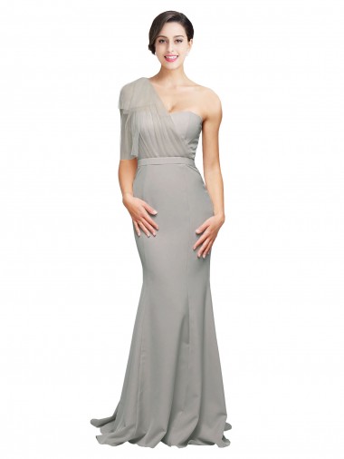 Wholesale Long Sweep Train Sweetheart Crepe Prom Dress with Tulle One Shoulder