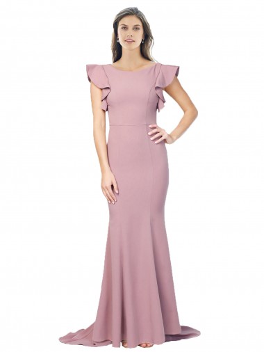 Wholesale Flutter Sleeves Low V-Back High Round Neck Crepe Prom Dress