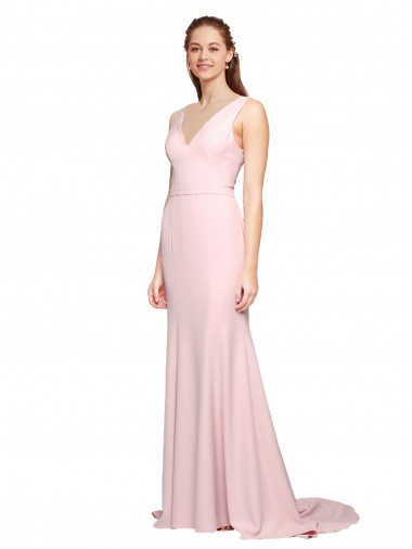 Wholesale Deep V-Neckline and Back Long Sweep Train Crepe Prom Dress with Shoulder Straps