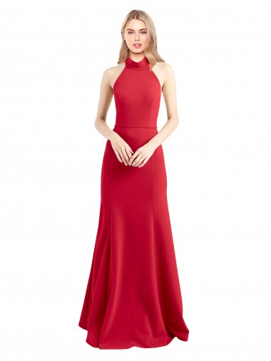 Wholesale Sleek Fit and Flare High Neck Halter Stretch Crepe Prom Dress with Open Back