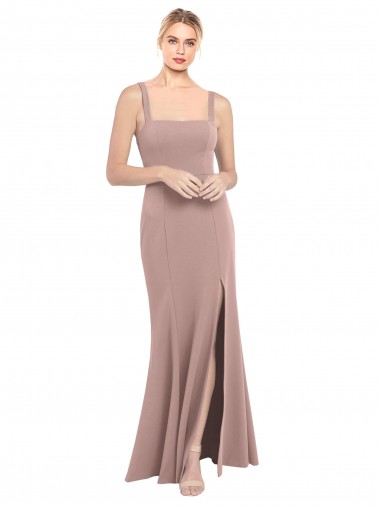 Wholesale Square Neck Fit and Flare Long Stretch Crepe Prom Dress with Side Slit
