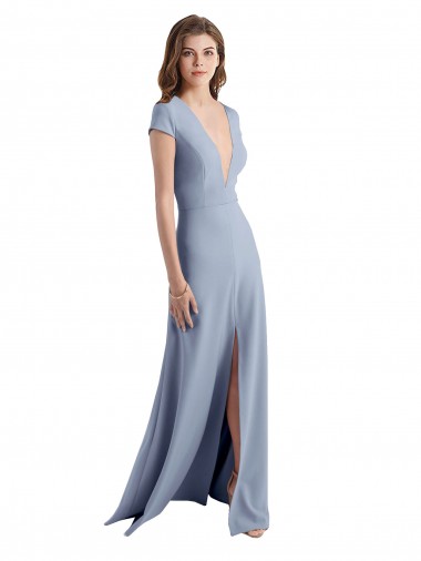 Wholesale Plunging V-Neck Cap Sleeves Stretch Crepe Prom Dress with Front Slit