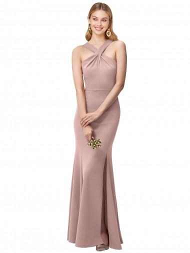 Wholesale Long Floor Length High Neck Fit and Flare Stretch Crepe Prom Dress with Side Slit