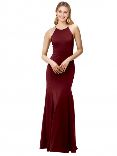 Wholesale Fit and Flare Halter Neckline Stretch Crepe Prom Dress with Strappy Back