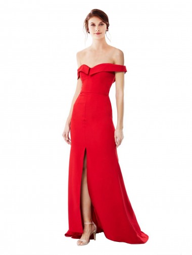 Wholesale Off the Shoulder Chapel Train Crepe Prom Dress with Thigh-High slit