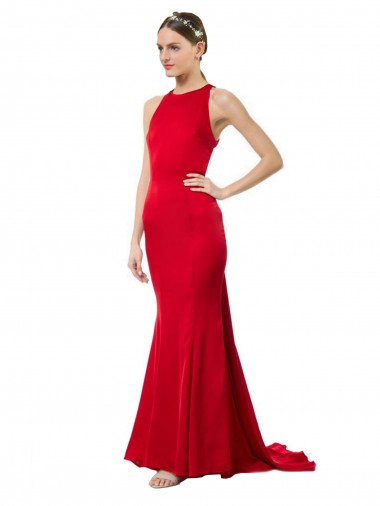 Wholesale High Neck Mermaid Open Back Crepe Maxi Prom Dress with Train Detail