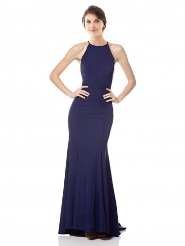 Wholesale High Neck Fishtail Crepe Prom Dress with Open Back Detail