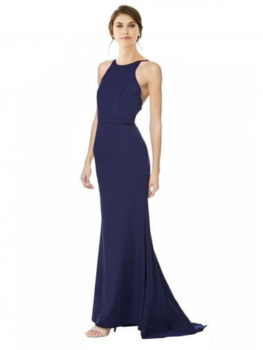Wholesale Fishtail High Neck Maxi Crepe Bridesmiad Dress with Strappy Back Detail
