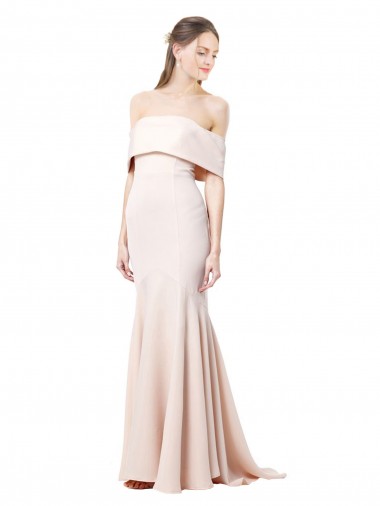 Wholesale Mermaid Bardot Maxi Crepe Bridesmiad Dress with Fishtail Train
