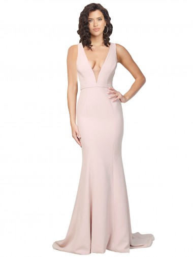 Wholesale Deep Plunging V-Neckline Full Length Crepe Prom Dress with Deep V-Backline