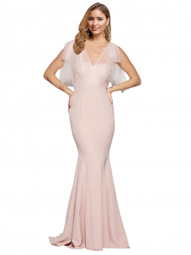 Wholesale Double Bow Full Length Sweetheart Crepe Prom Dress with Tulle Overlay