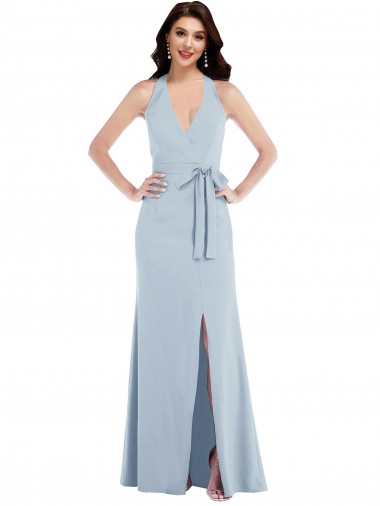 Wholesale Open Back Halter Maxi Crepe Prom Dress with Draped Bow