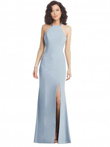 Wholesale High Neck Halter Crepe Prom Dress with Twist Criss Cross Back