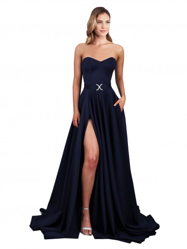 Wholesale Sweetheart Neckline Low Back Long Crepe Prom Dress with High Leg Spit & Pockets