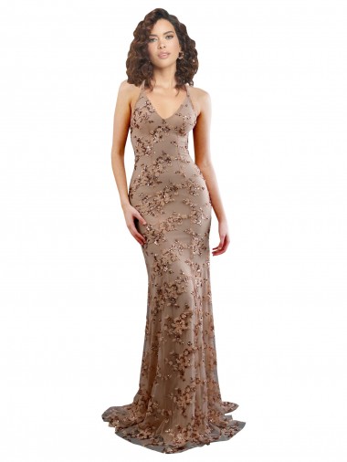 Wholesale Floral Patterned Backless V-Neckline Sequin Prom Dress