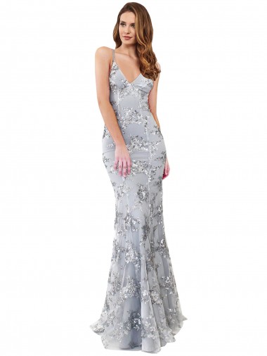 Wholesale Silver V-Neckline Backless Floral Patterned Sequin Prom Dress