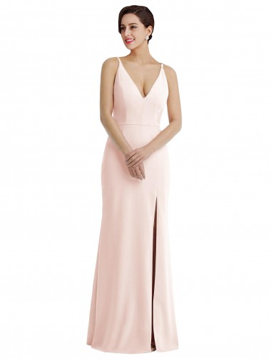 Wholesale Skinny Strap Deep V-Neck Trumpet Crepe Prom Dress with Front Slit