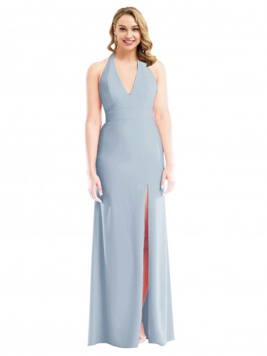 Wholesale Plunge Neck Halter Backless Trumpet Prom Dress with Front Slit