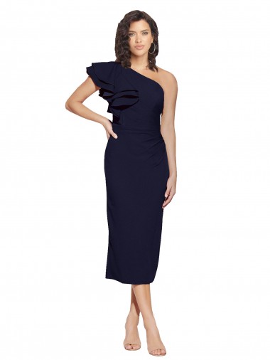 Wholesale Ruched Midi Length Short Crepe Cocktail Prom Dress / Homecoming Dress with Shoulder Ruffles