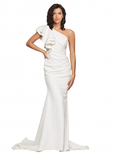 Wholesale Ruched Long Sweep Train Crepe Prom Dress with Shoulder Ruffles