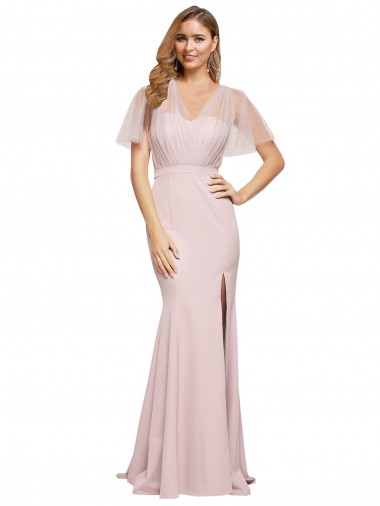Wholesale Crepe Long Sweetheart Neckline Prom Dress with Tulle Overlay Shoulders