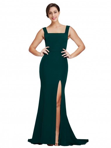 Wholesale Fitted Square Neck Long Crepe Prom Dress with Train and Side Split