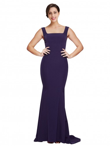 Wholesale Square Neck Long Sweep Train Crepe Prom Dress with Thick Straps