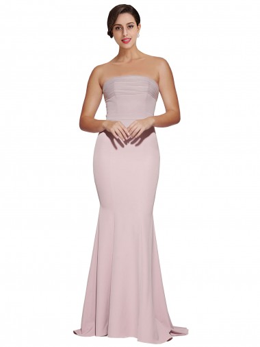 Wholesale Straight Neck Long Strapless Crepe Prom Dress with Soft Tulle Overlay and Small Train