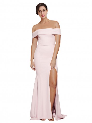 Wholesale Off Shoulder Long Crepe Prom Dress with Straight Neckline and Side Split