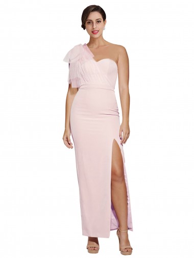 Wholesale One Shoulder Tulle Overlay Sweetheart Neckline Long Crepe Prom Dress with Thigh Split