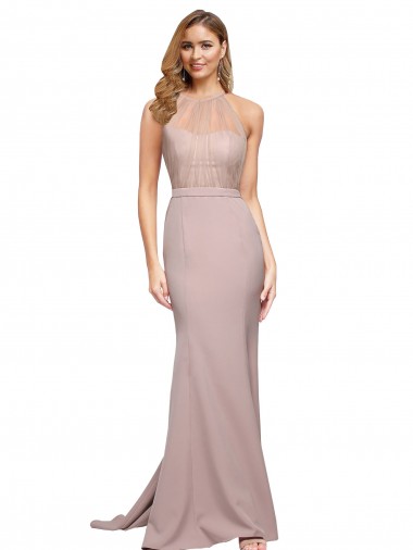 Wholesale Long Sweetheart Crepe Prom Dress with High Neck Illusion Tulle Details