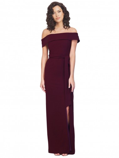 Wholesale Fitted Full Length Off the Shoulder Crepe Prom Dress with Side Split and Waist Tie