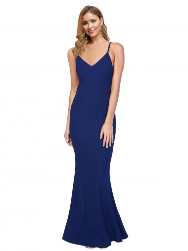 Wholesale Full Length V-Neckline Crepe Prom Dress with Thin Straps and Fulted Skirt