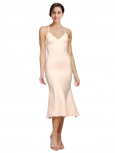 Wholesale Midi Length V-Neckline Crepe Cocktail Prom Dress / Homecoming Dress with Thin Straps and Fulted Skirt