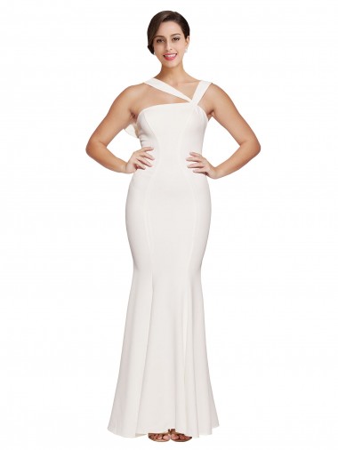 Wholesale Full Length Square Neck Crepe Prom Dress with Asymmetrical Straps and Bow Back