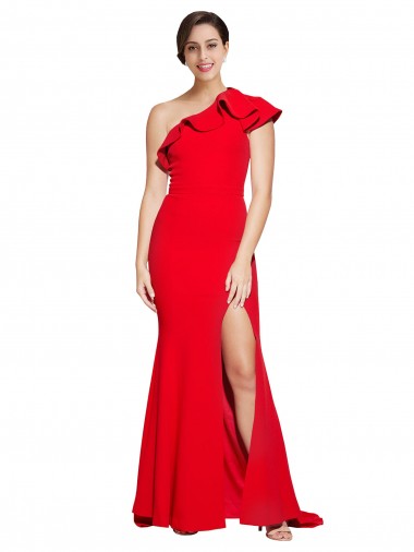 Wholesale One Shoulder Long Sweep Train Crepe Prom Dress with Thigh High Split