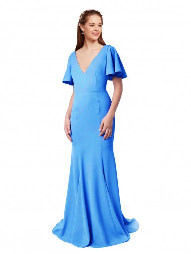 Wholesale Short Sleeves Long V-Neck Crepe Prom Dress with V-Back