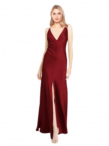 Wholesale Floor Length Deep V-Back Stretch Satin Prom Dress with Front Slit