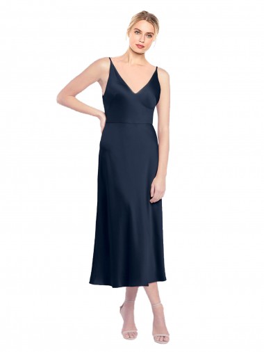 Wholesale V-Neck Midi Length Short Stretch Satin Cocktail Prom Dress / Homecoming Dress V-Back