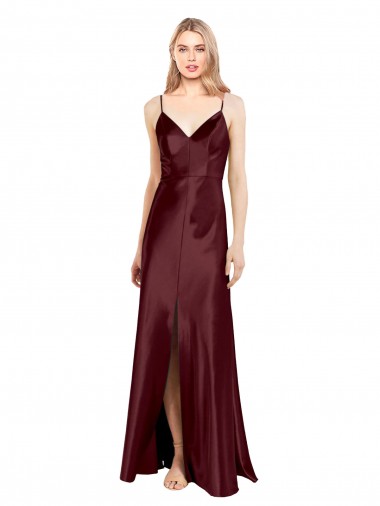Wholesale Sleek Spaghetti Straps V-Neck Stretch Satin Prom Dress with Center Front Slit