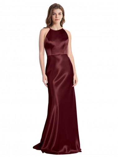 Wholesale High Neck Halter Long Sleeveless Stretch Satin Prom Dress with Strappy Back