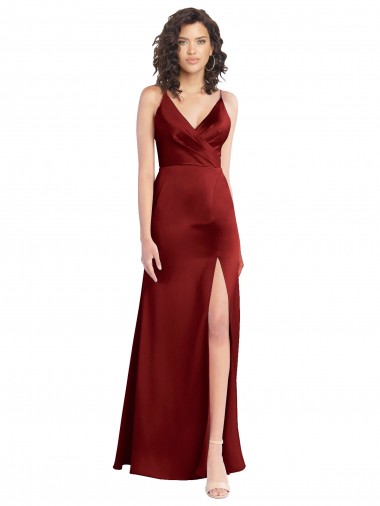 Wholesale Faux Surplice Neckline Long Slim A-Line Stretch Satin Prom Dress