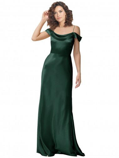 Wholesale Off the Shoulder Sleeves Long Stretch Satin Prom Dress with Pleated Draped Neckline